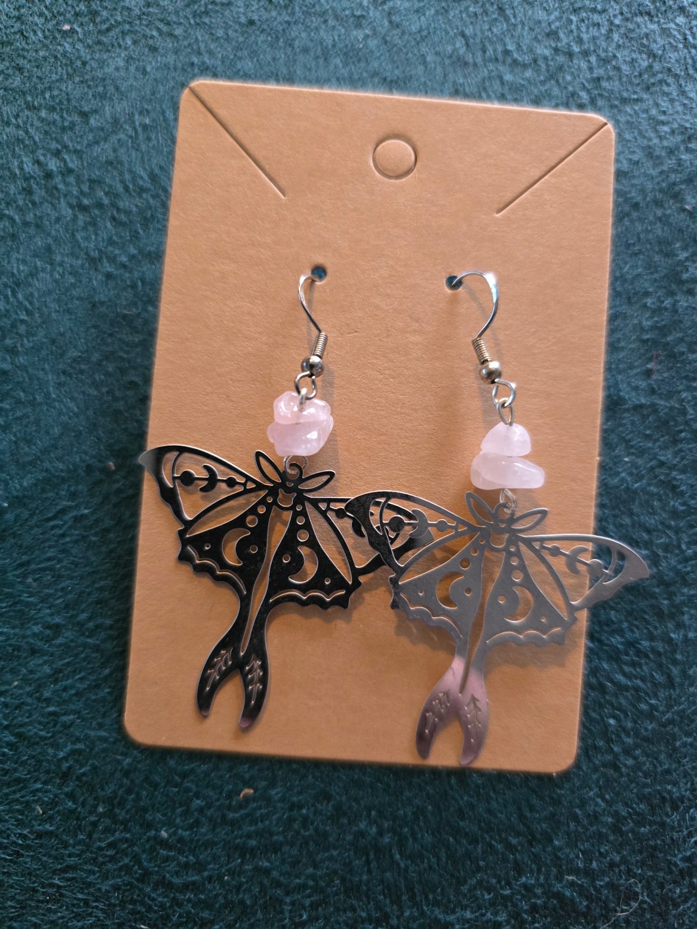 Rose quartz moth earrings