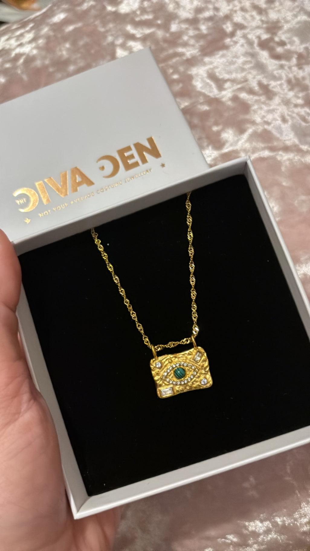 Mystical green eye and crystal pendant necklace
