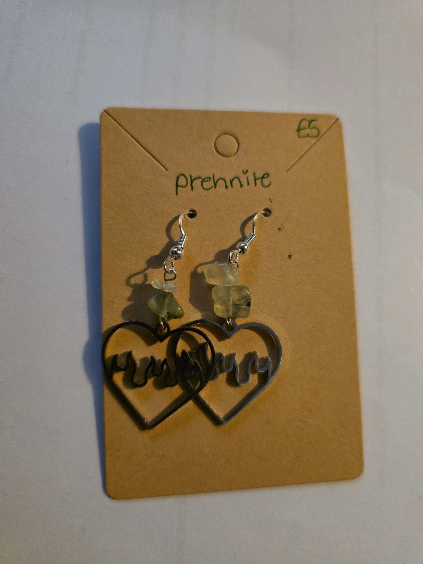Heart flame prehnite earrings