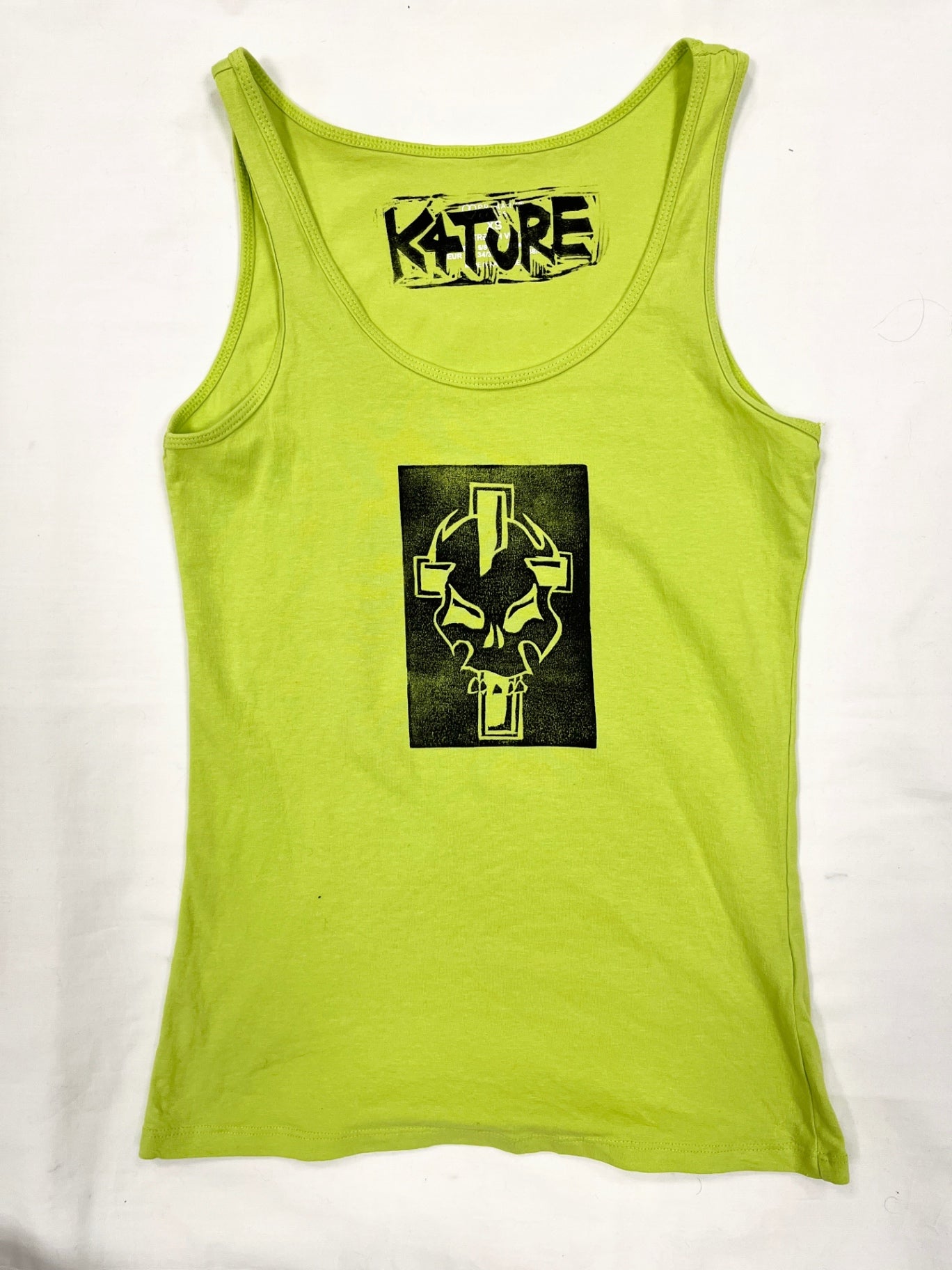 Lime green tank top with skull & gothic cross