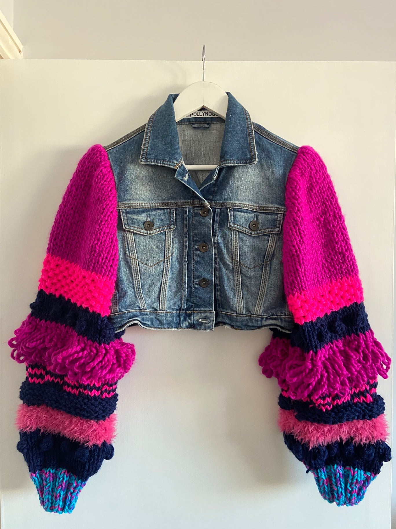Pink and Blue Sleeved Cropped Jacket