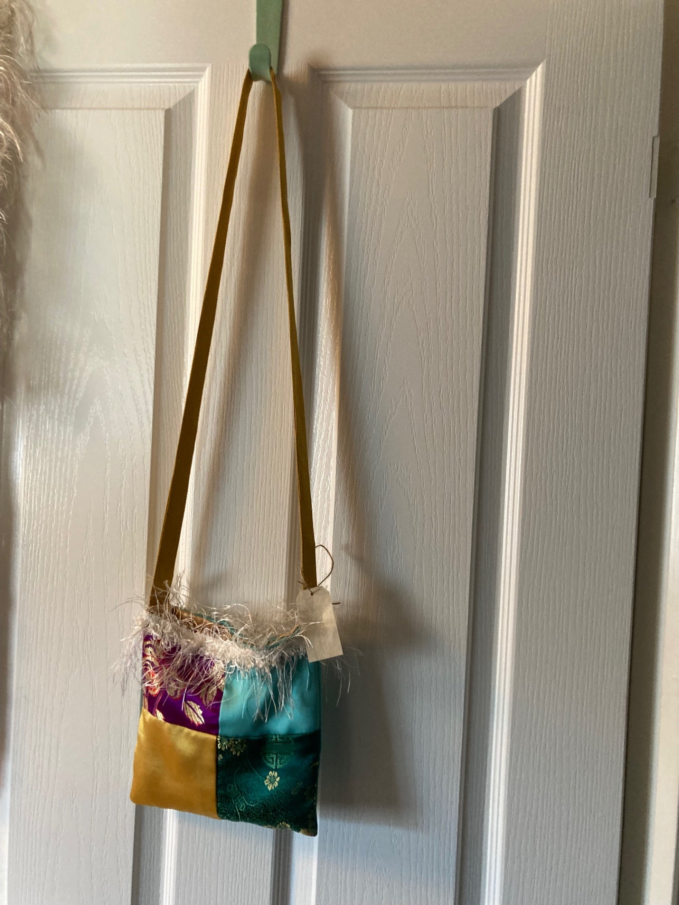 Mini 4 sq front, turquoise reverse, cross body bag white fluff trim