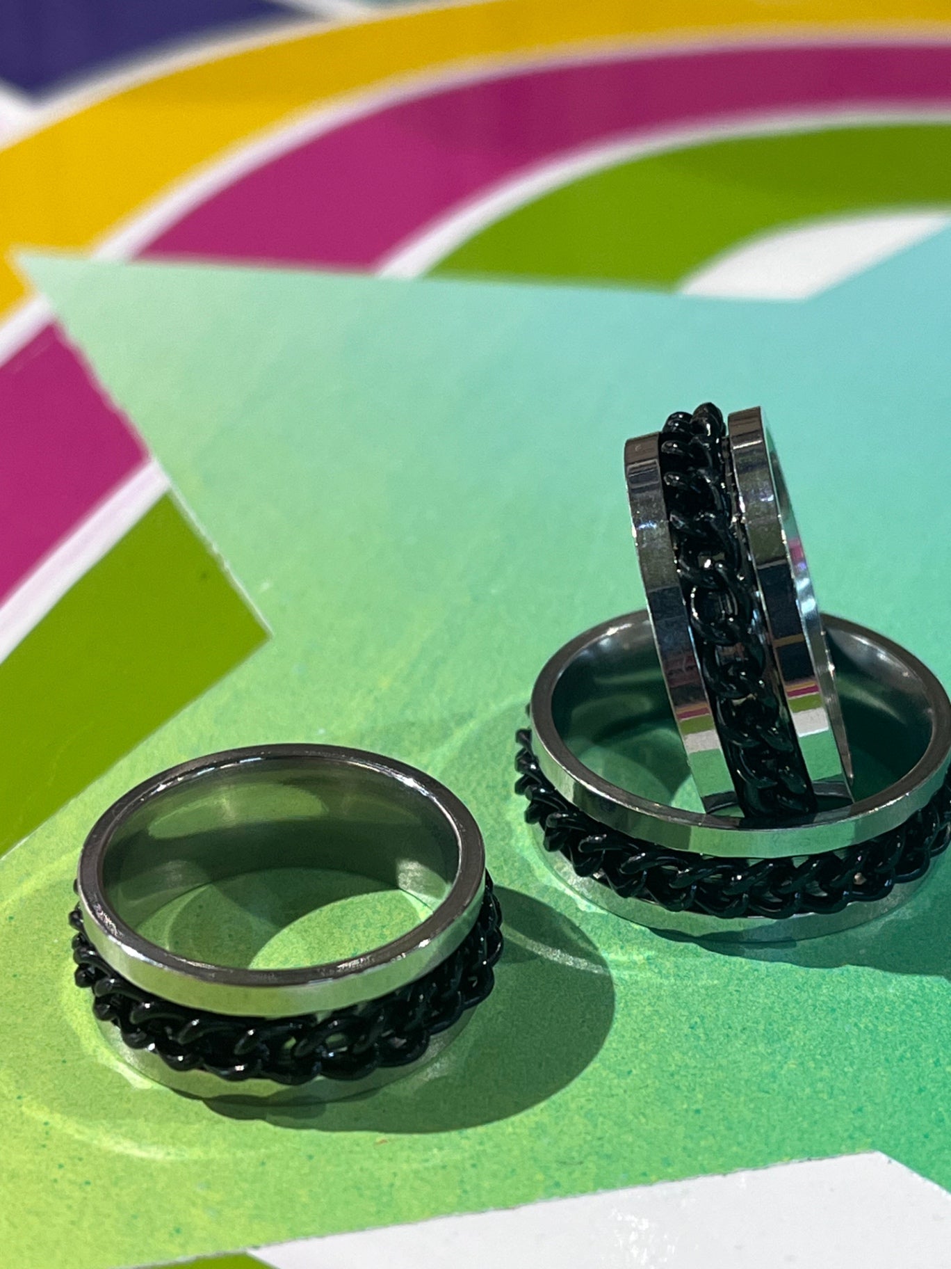 Anti Anxiety Silver Black Chain Ring S6