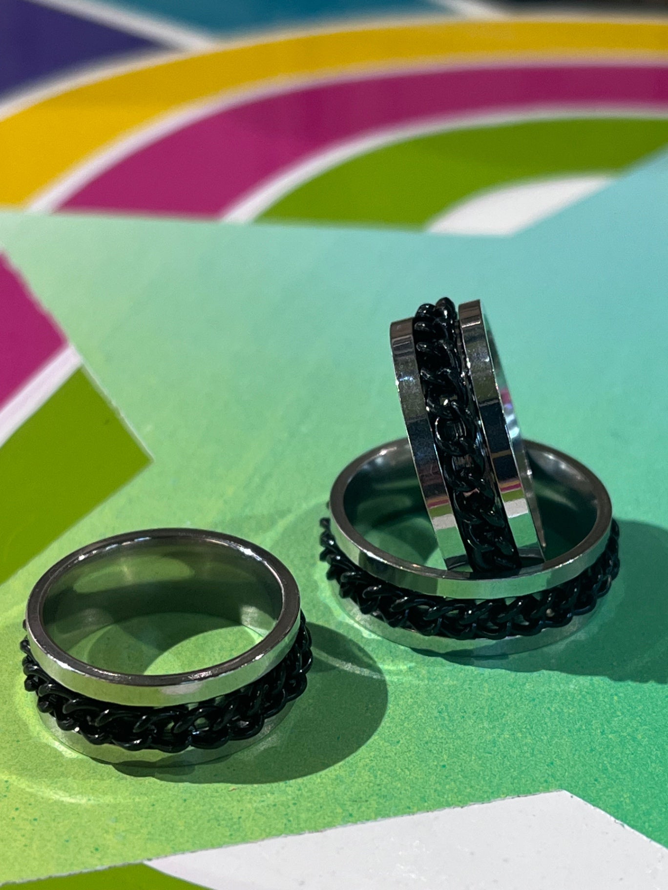 Anti Anxiety Silver Black Chain Ring S6