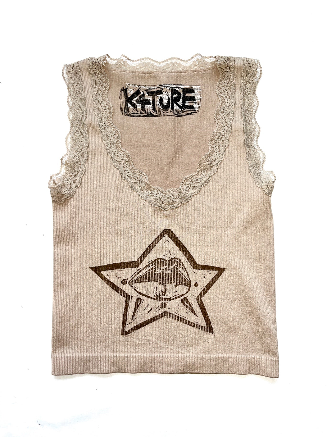 Beige lacey top with lips design