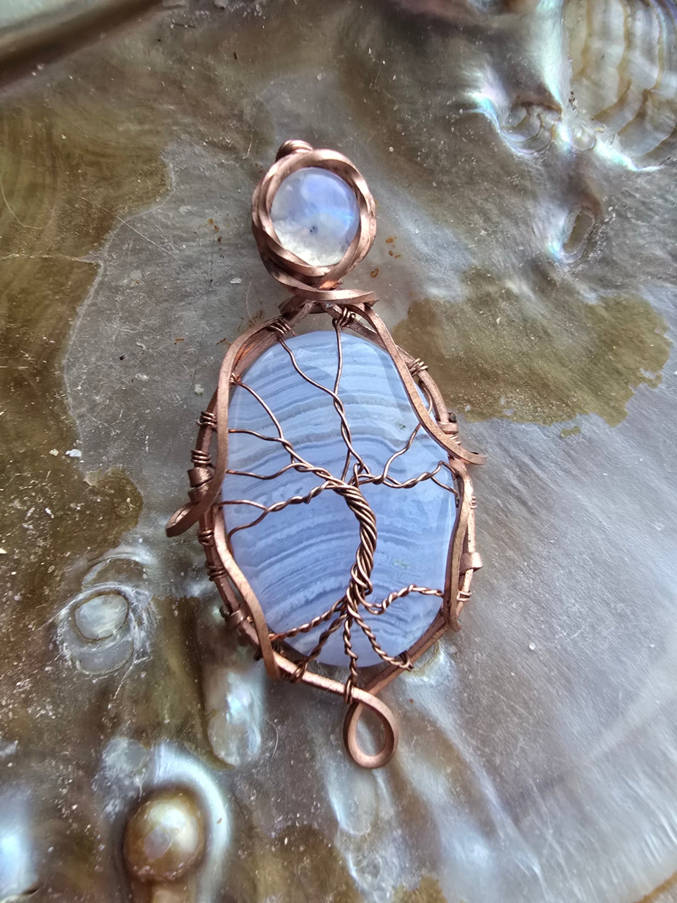Blue lace agate and moonstone pendant