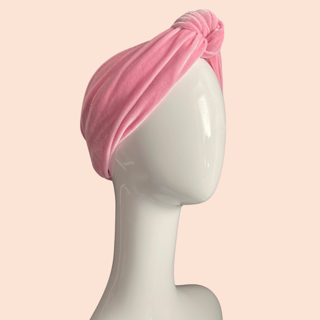 Pink stretch velvet knotted turban headband