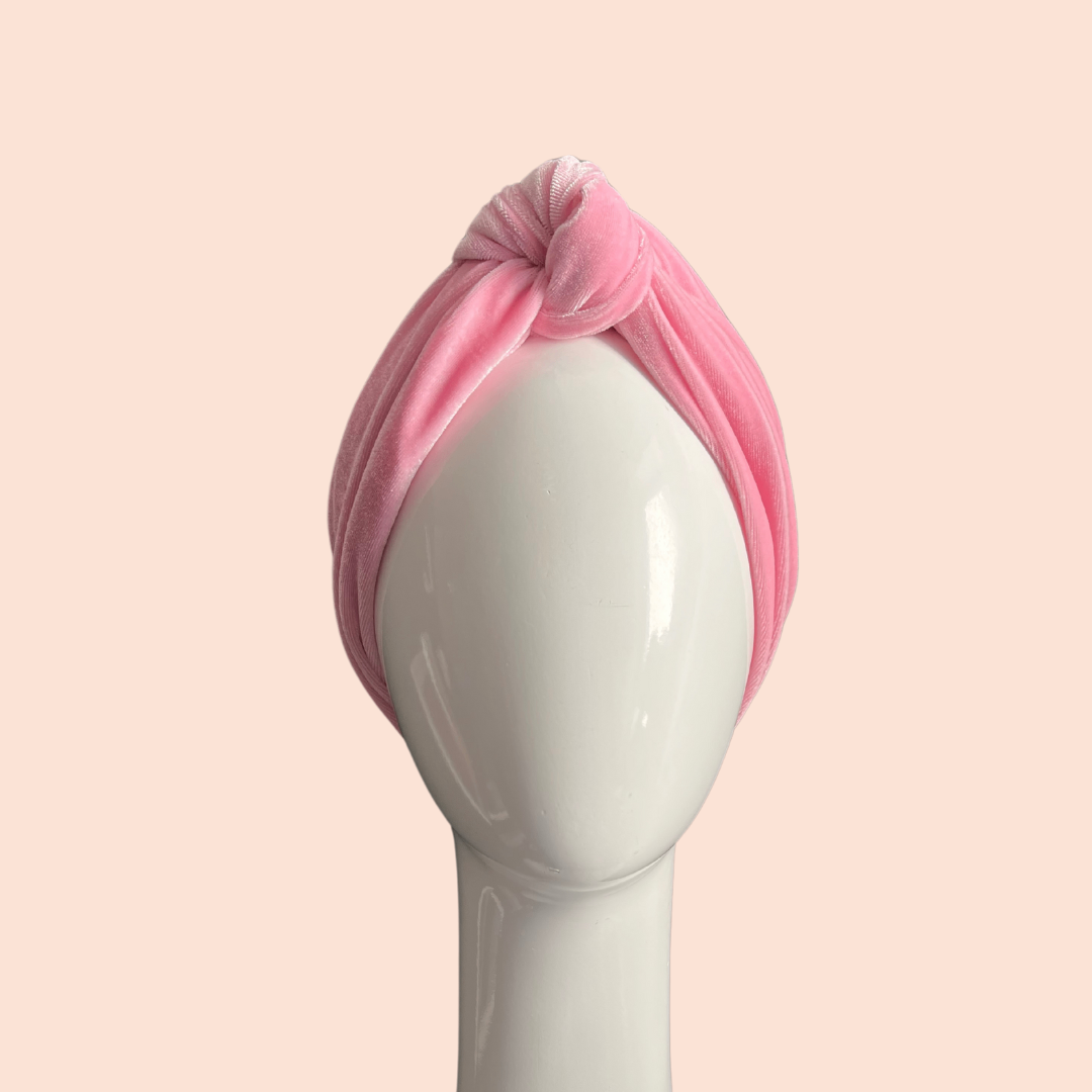 Pink stretch velvet knotted turban headband