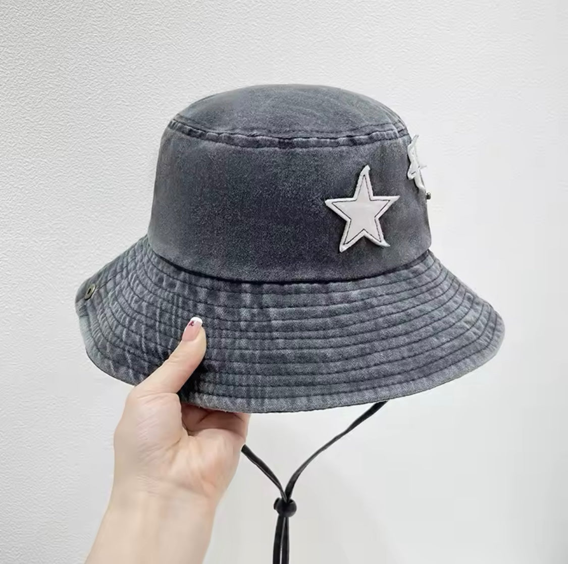 Black Washed Denim Star Bucket Hat