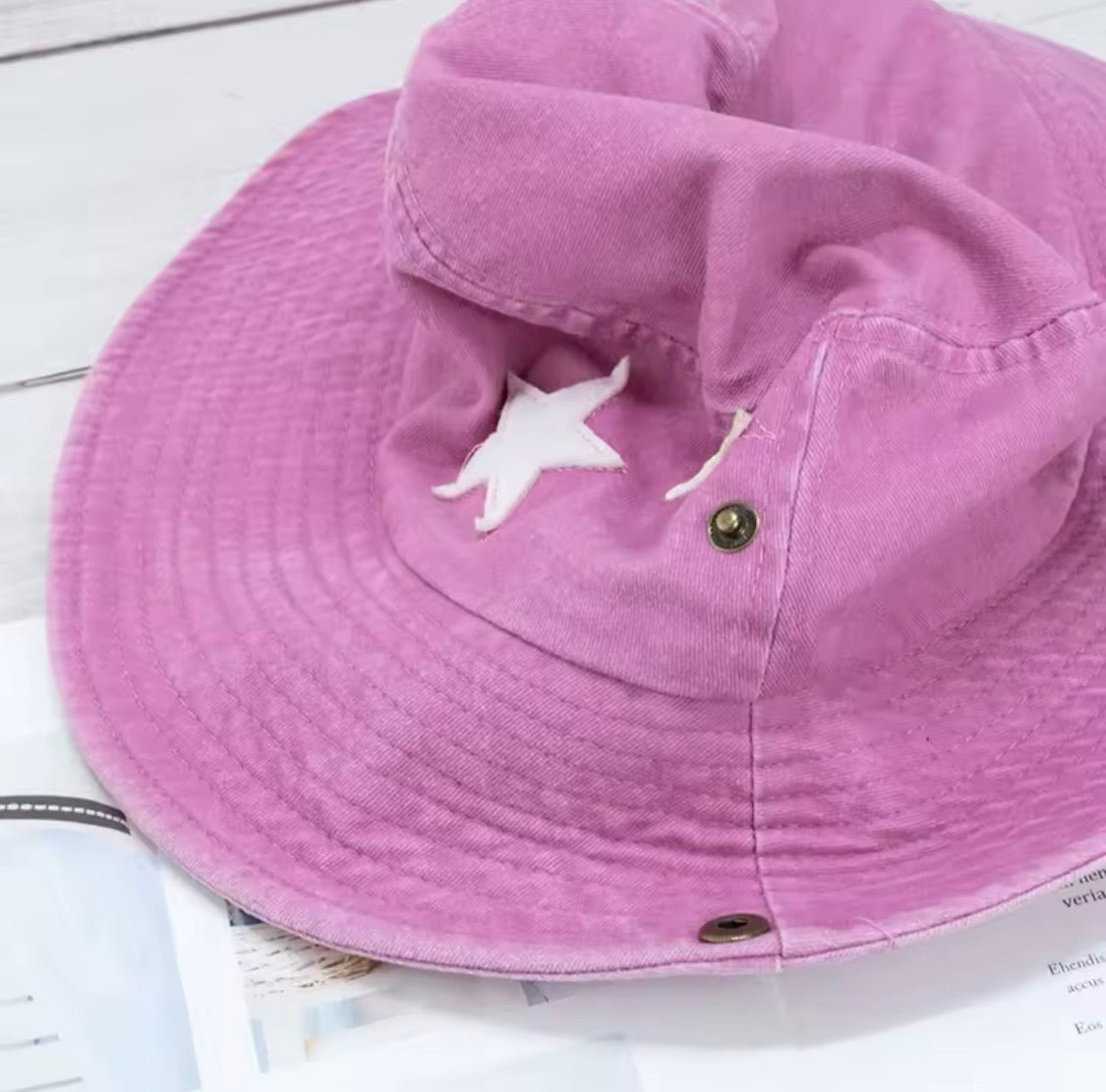 Pink Washed Denim Star Bucket Hat