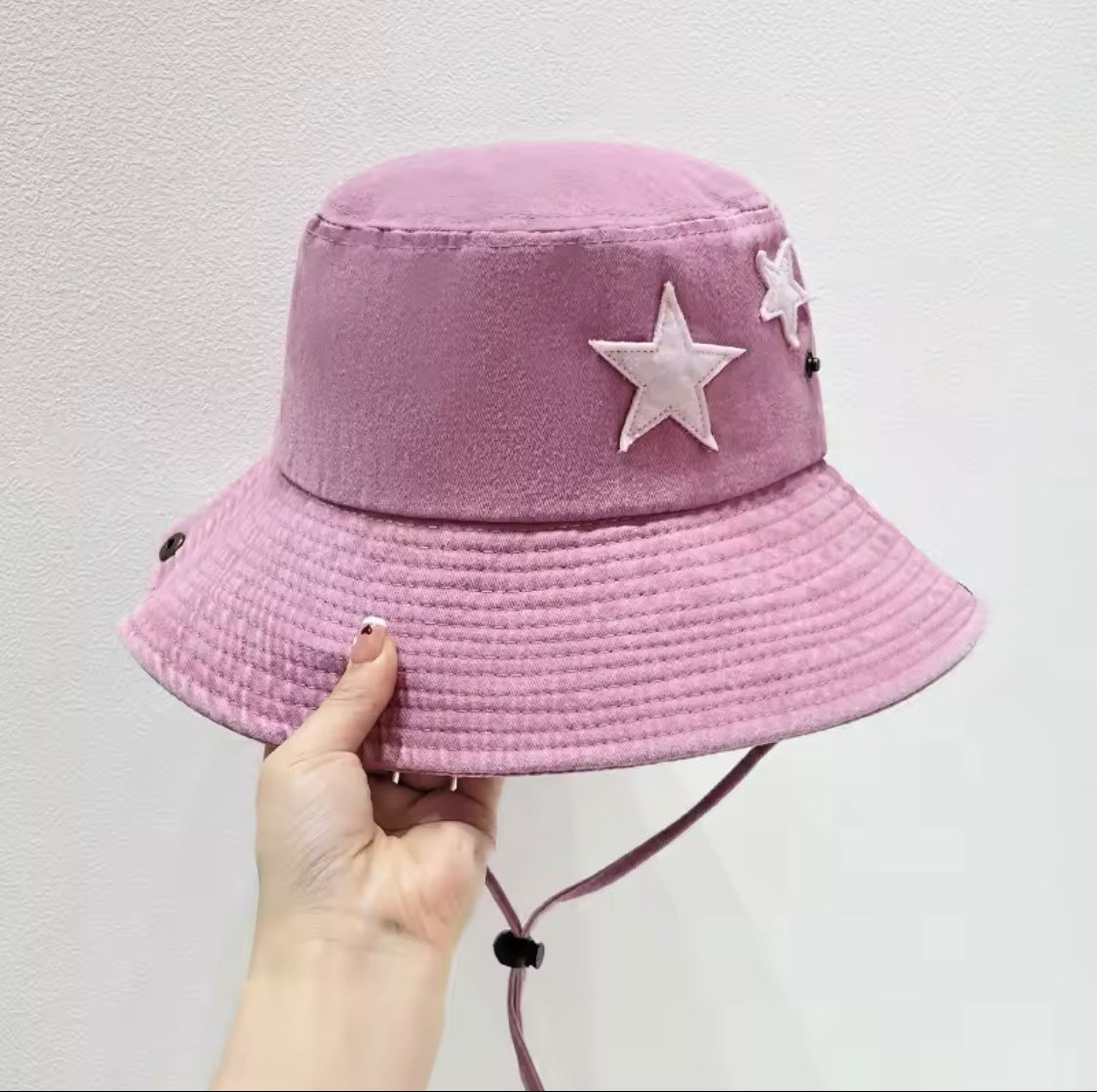 Pink Washed Denim Star Bucket Hat