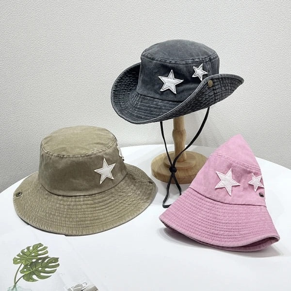 Black Washed Denim Star Bucket Hat