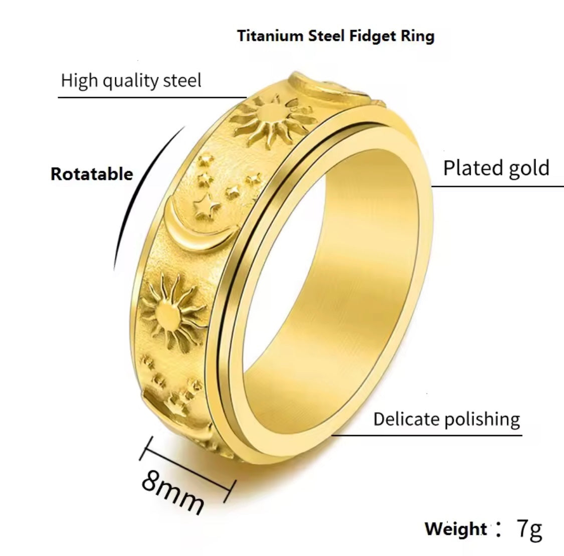 Moon Star Gold Fidget Ring Size 11