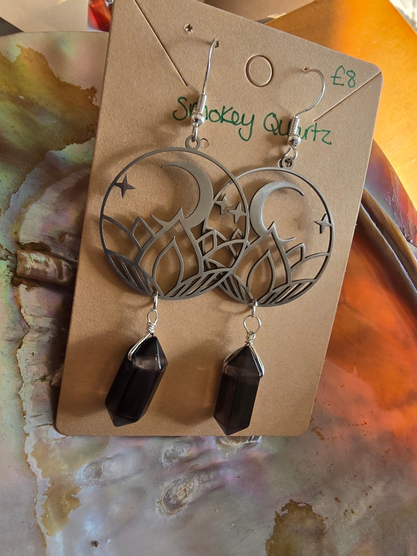 Smokey quartz moon and lotus earrings