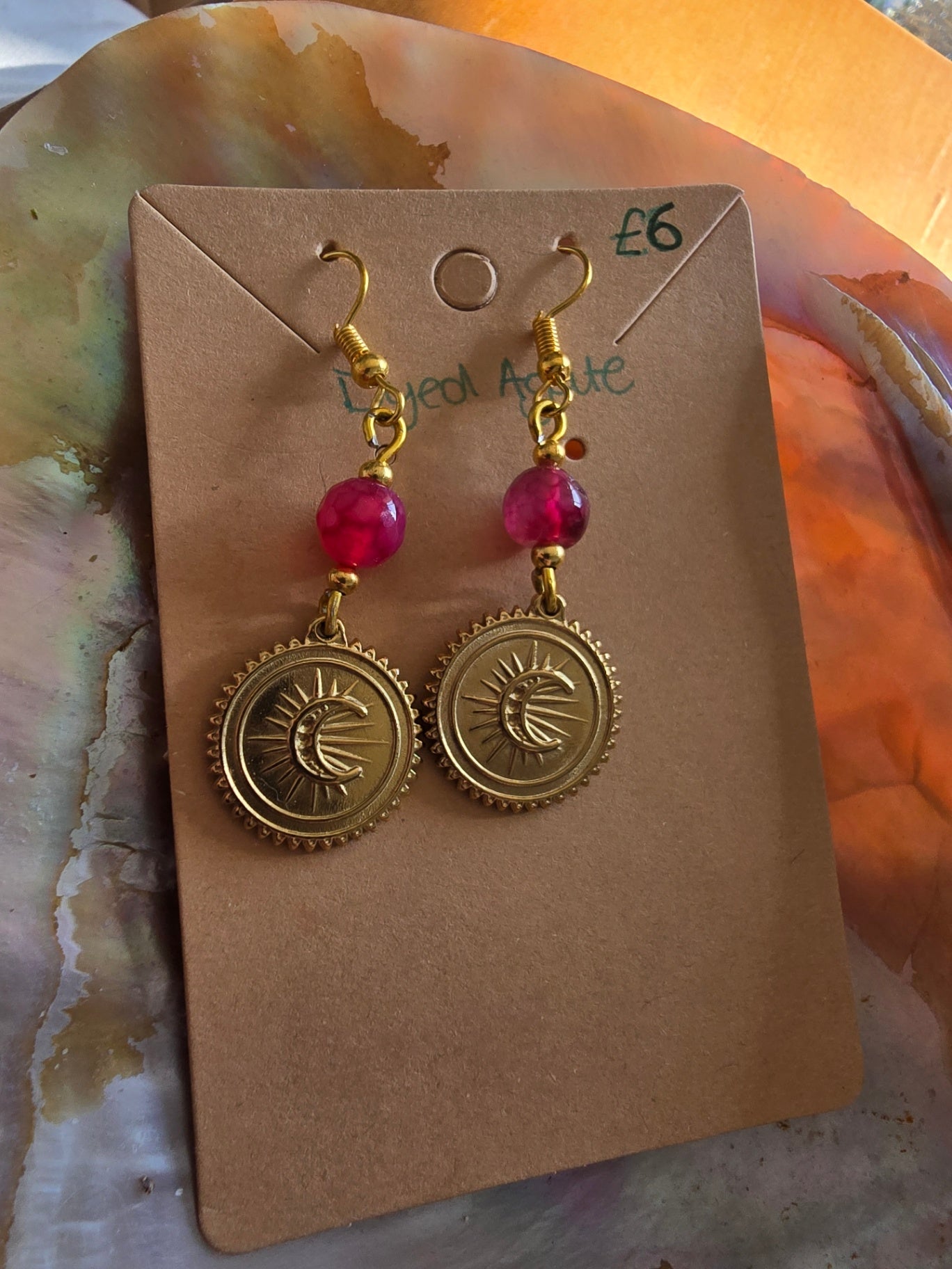 Pink dyed agate moon earrings