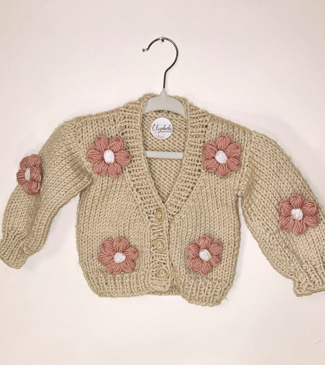 Biege cardigan with pink flowers 6-12m