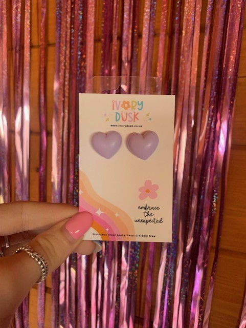 large lilac heart studs