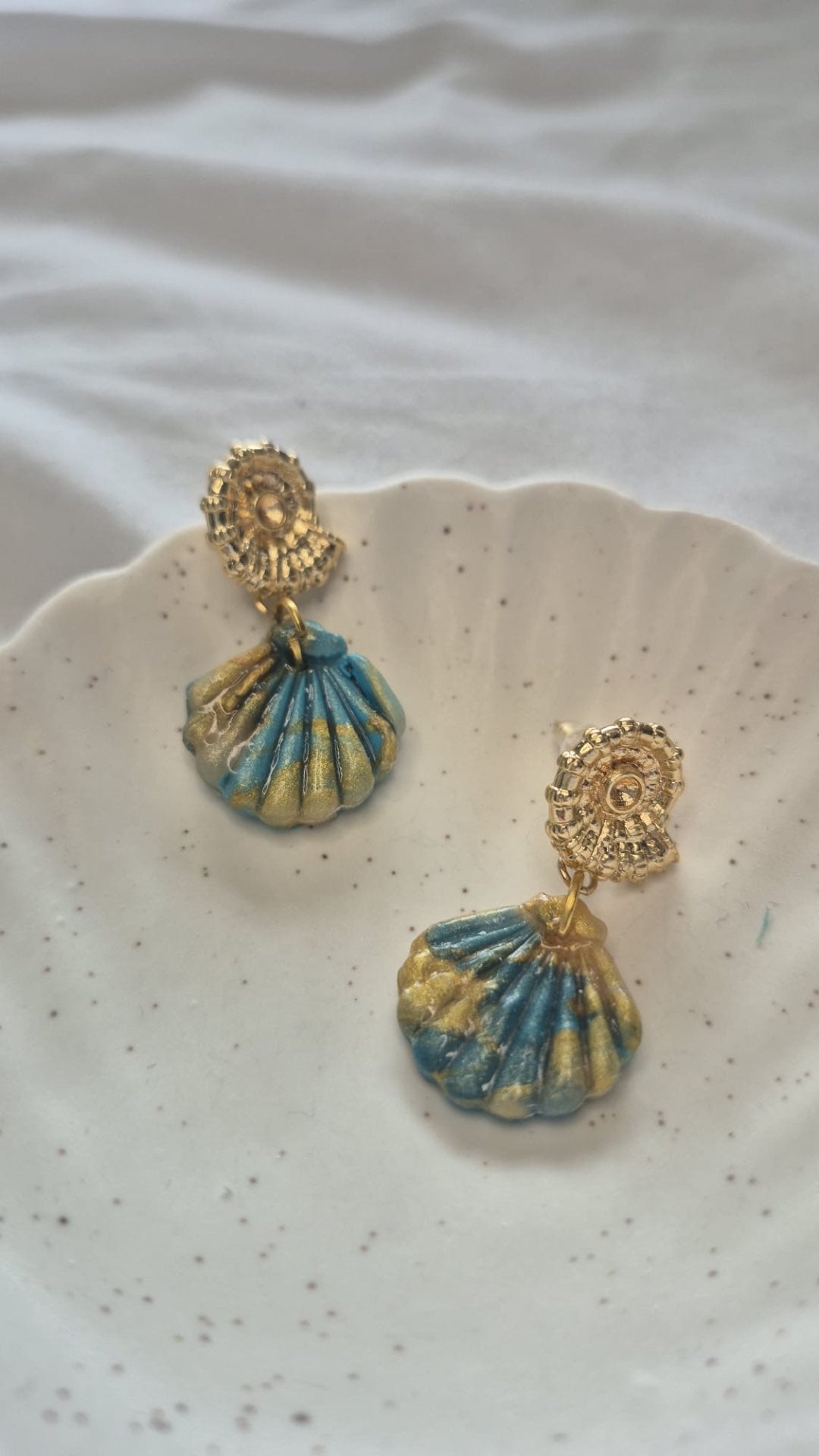 Teal and Gold Seashell Earrings