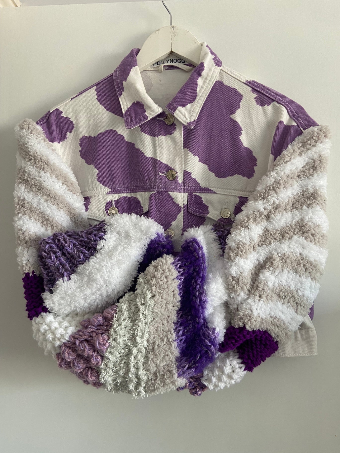 White and Purple knit Sleeve cropped Jean Jacket