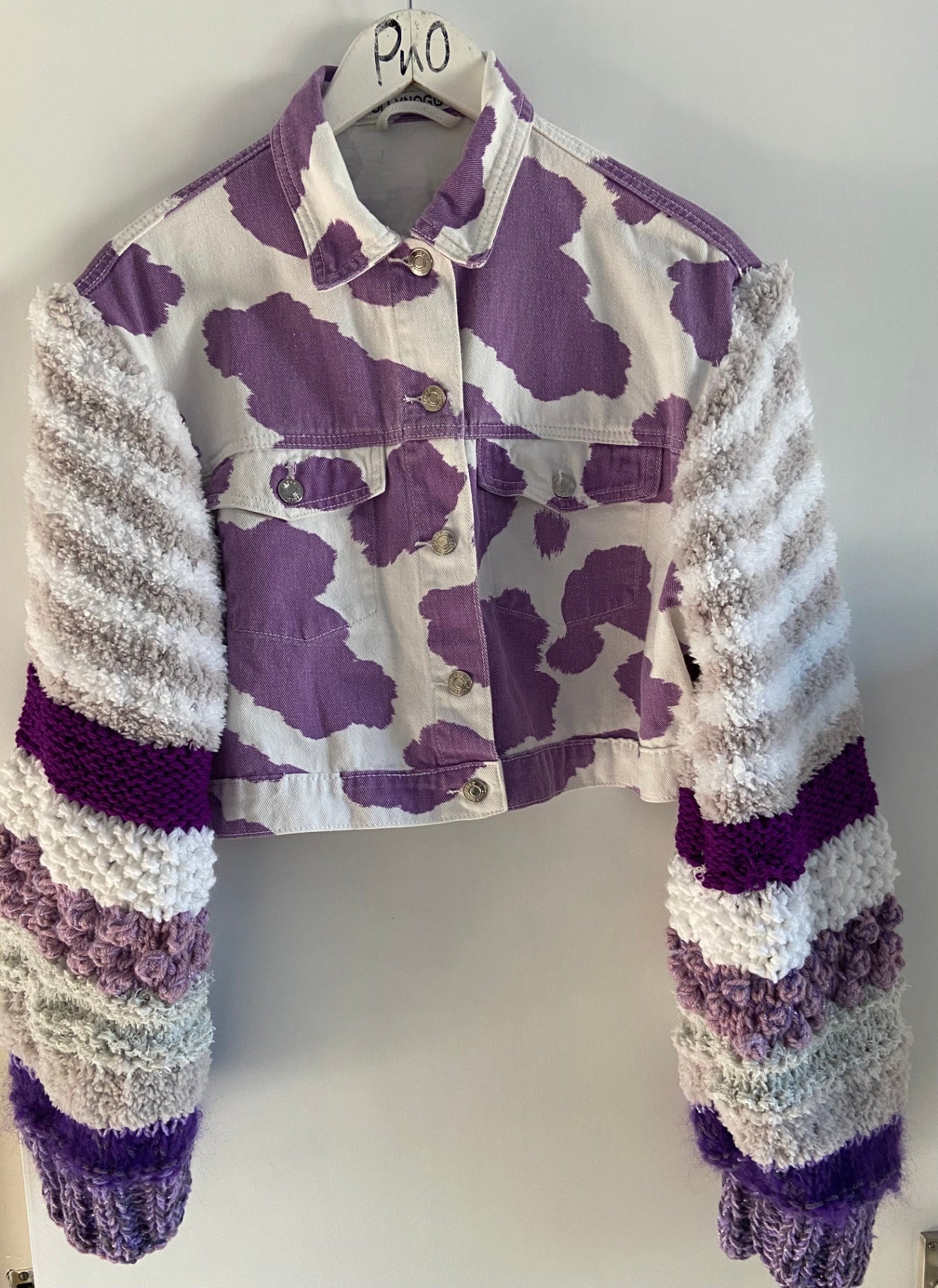 White and Purple knit Sleeve cropped Jean Jacket