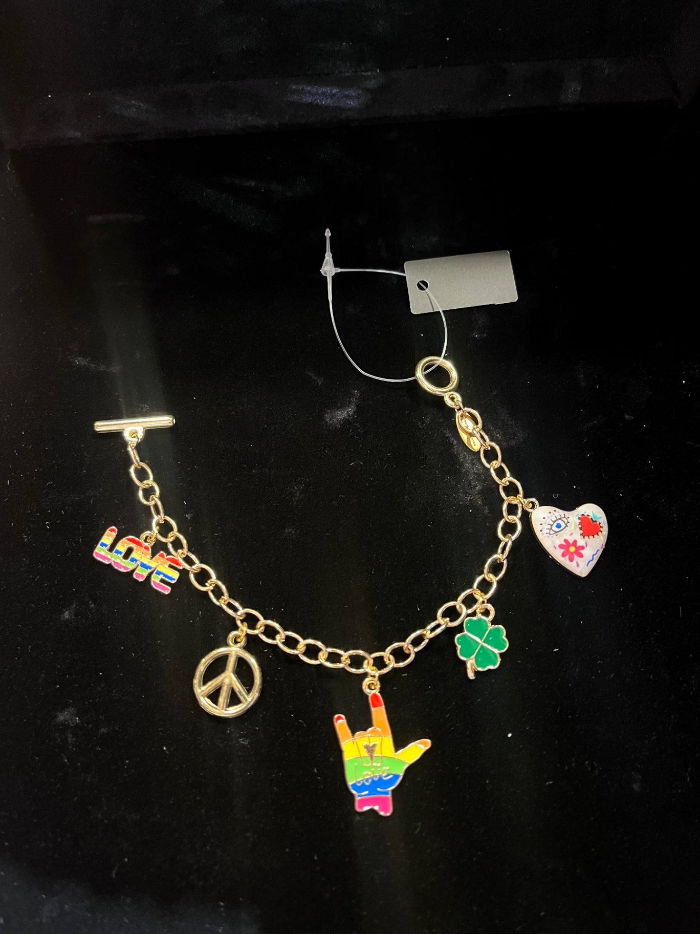 Love Wins Rainbow Charm Bracelet – Gold T-Bar