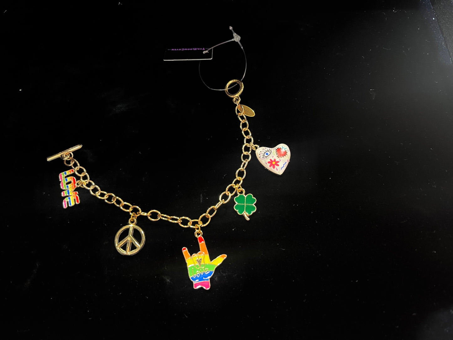 Love Wins Rainbow Charm Bracelet – Gold T-Bar