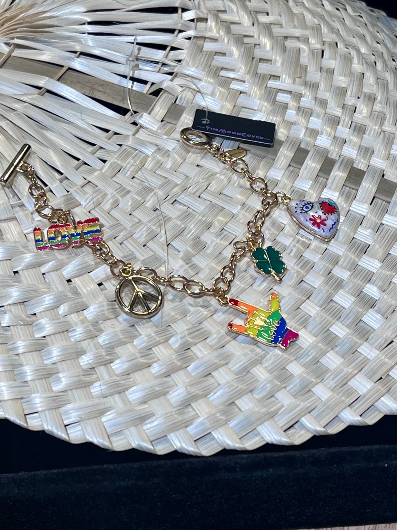 Love Wins Rainbow Charm Bracelet – Gold T-Bar