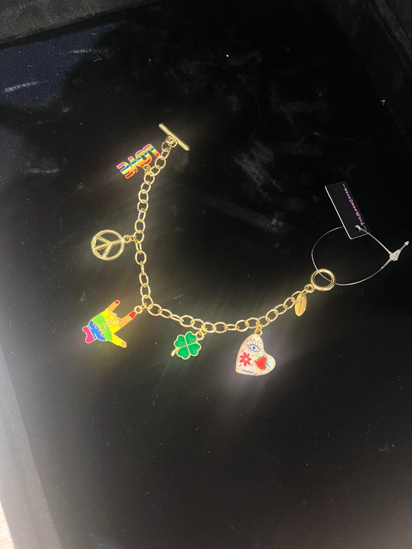 Love Wins Rainbow Charm Bracelet – Gold T-Bar
