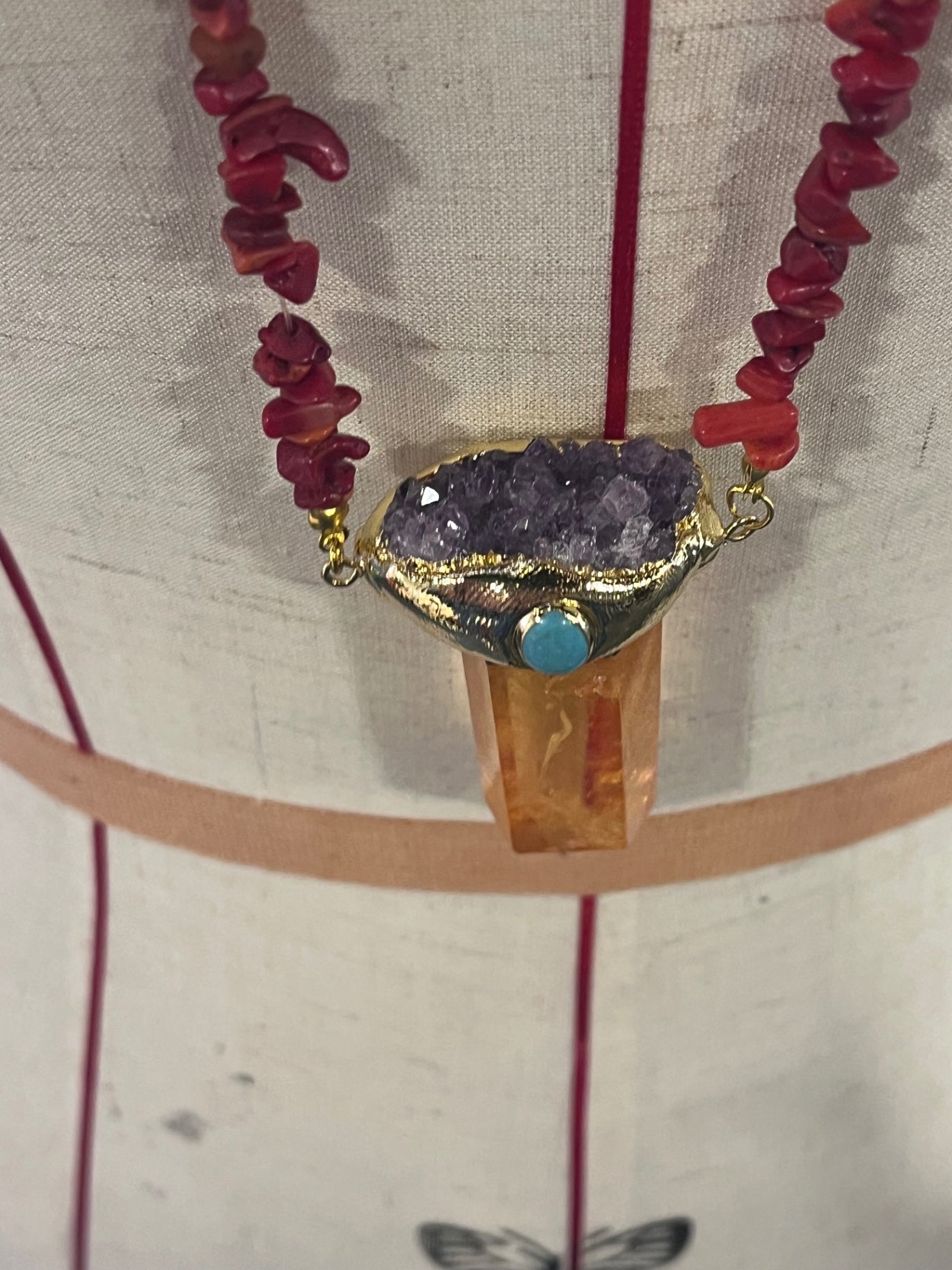Solar Flame Amulet – Bali Edition | Aura Quartz, Amethyst & Red Coral Necklace