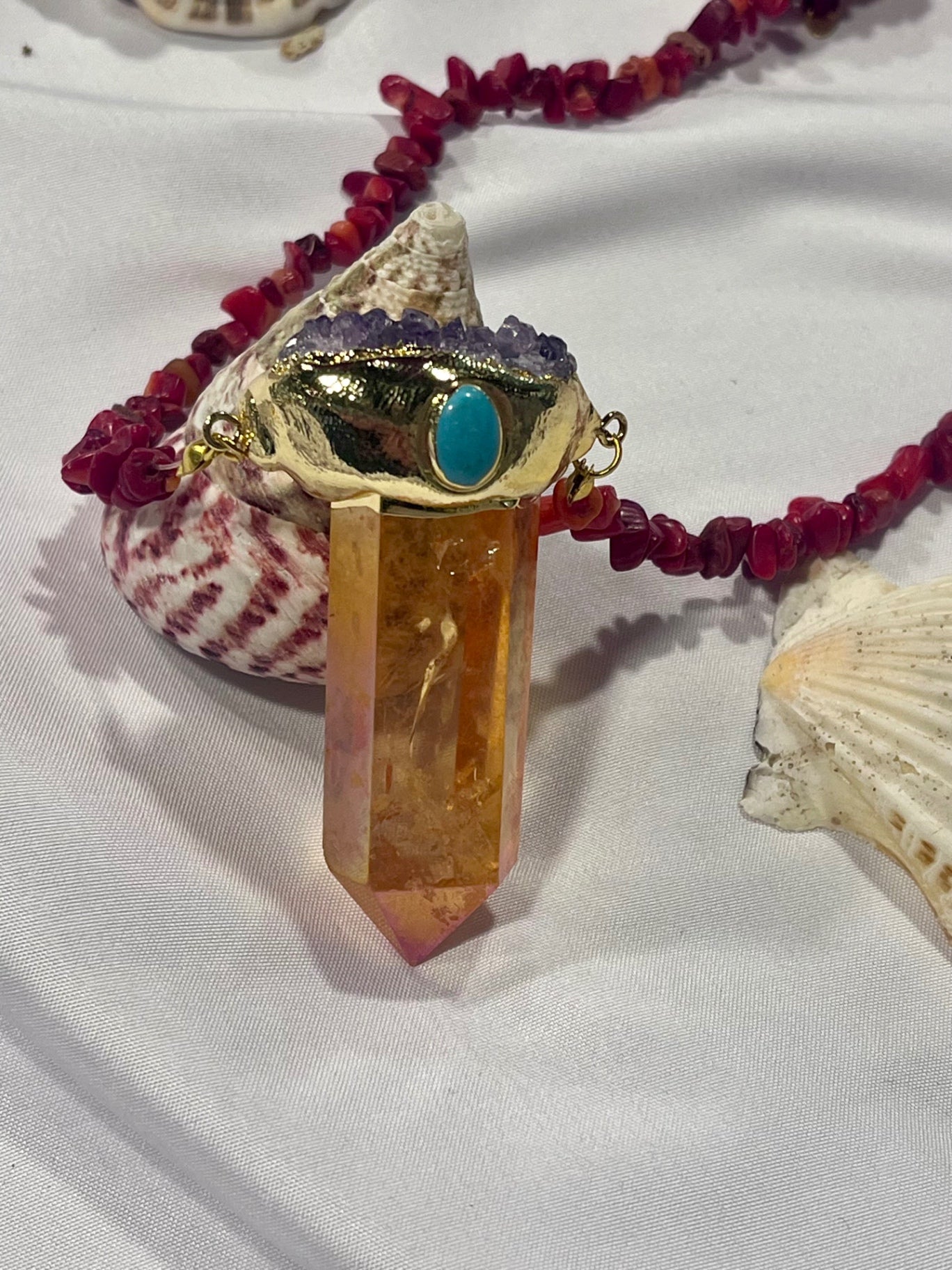 Solar Flame Amulet – Bali Edition | Aura Quartz, Amethyst & Red Coral Necklace