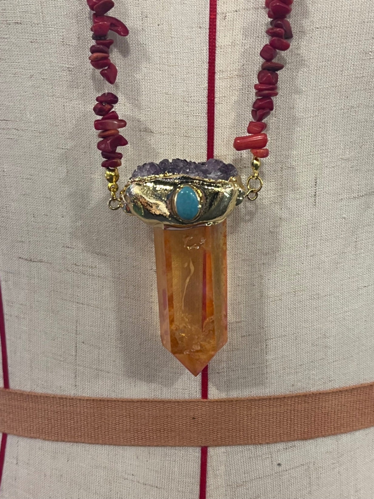 Solar Flame Amulet – Bali Edition | Aura Quartz, Amethyst & Red Coral Necklace