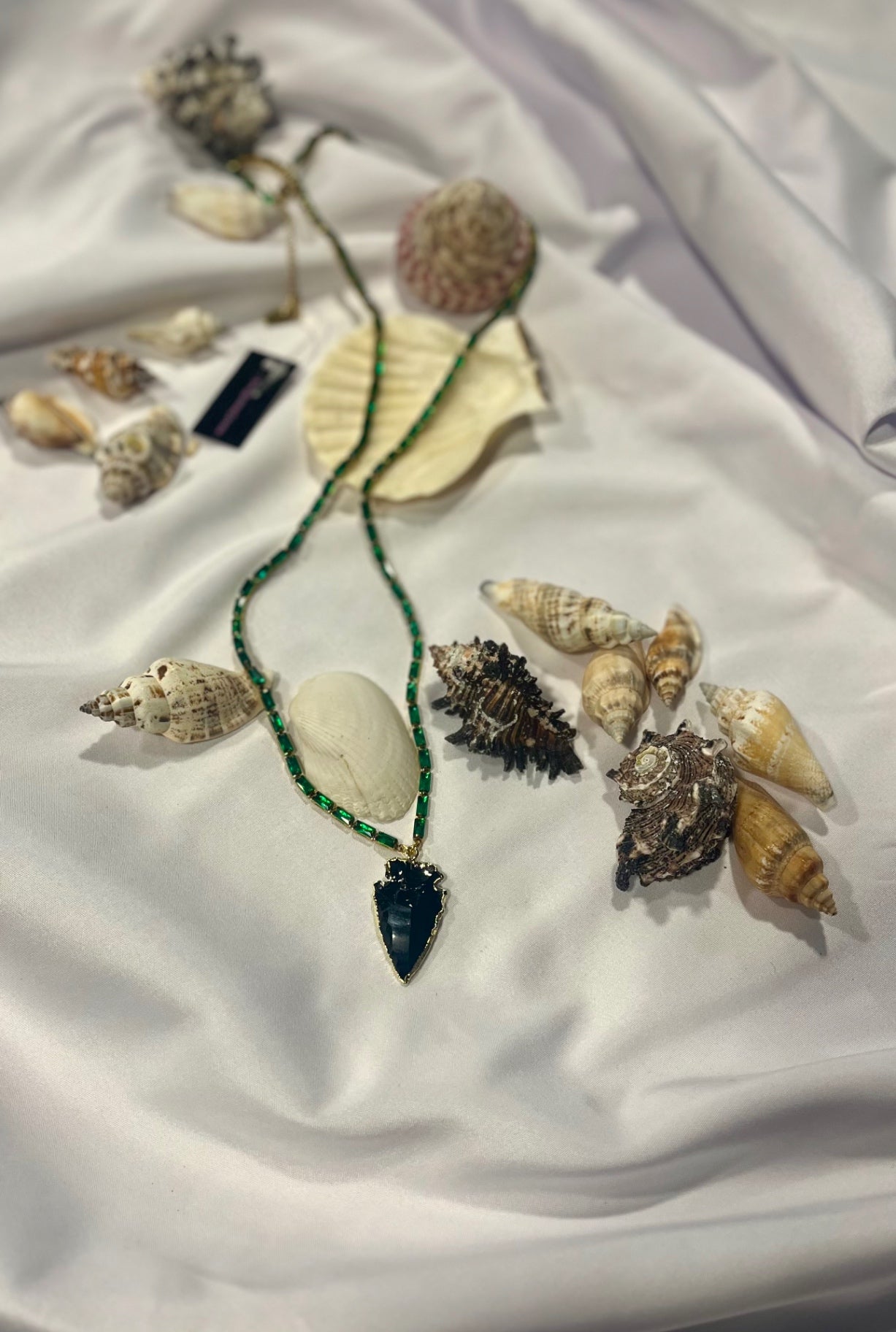 Obsidian Arrow Shield Pendant – Emerald Green Zirconia Necklace