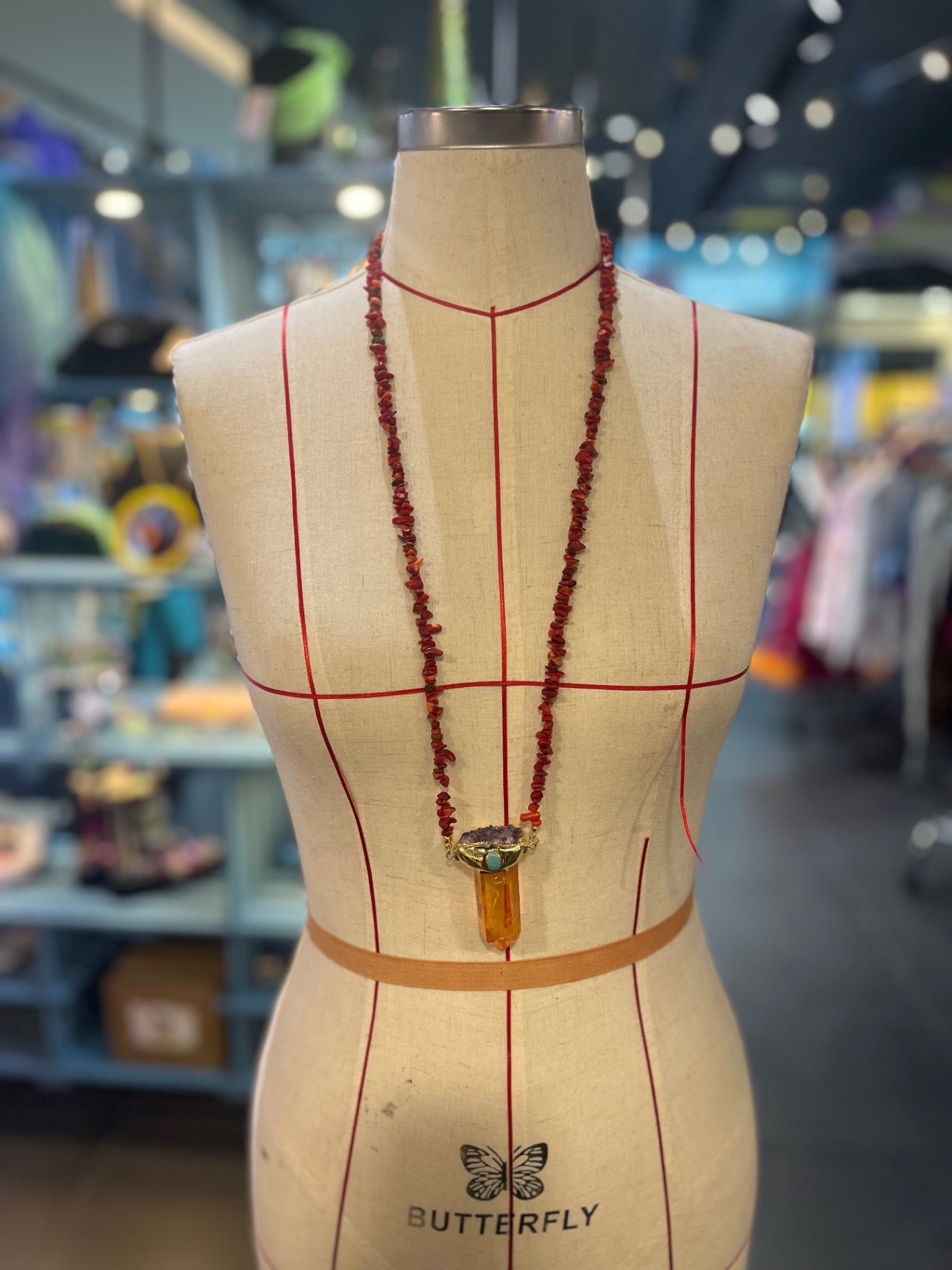 Solar Flame Amulet – Bali Edition | Aura Quartz, Amethyst & Red Coral Necklace