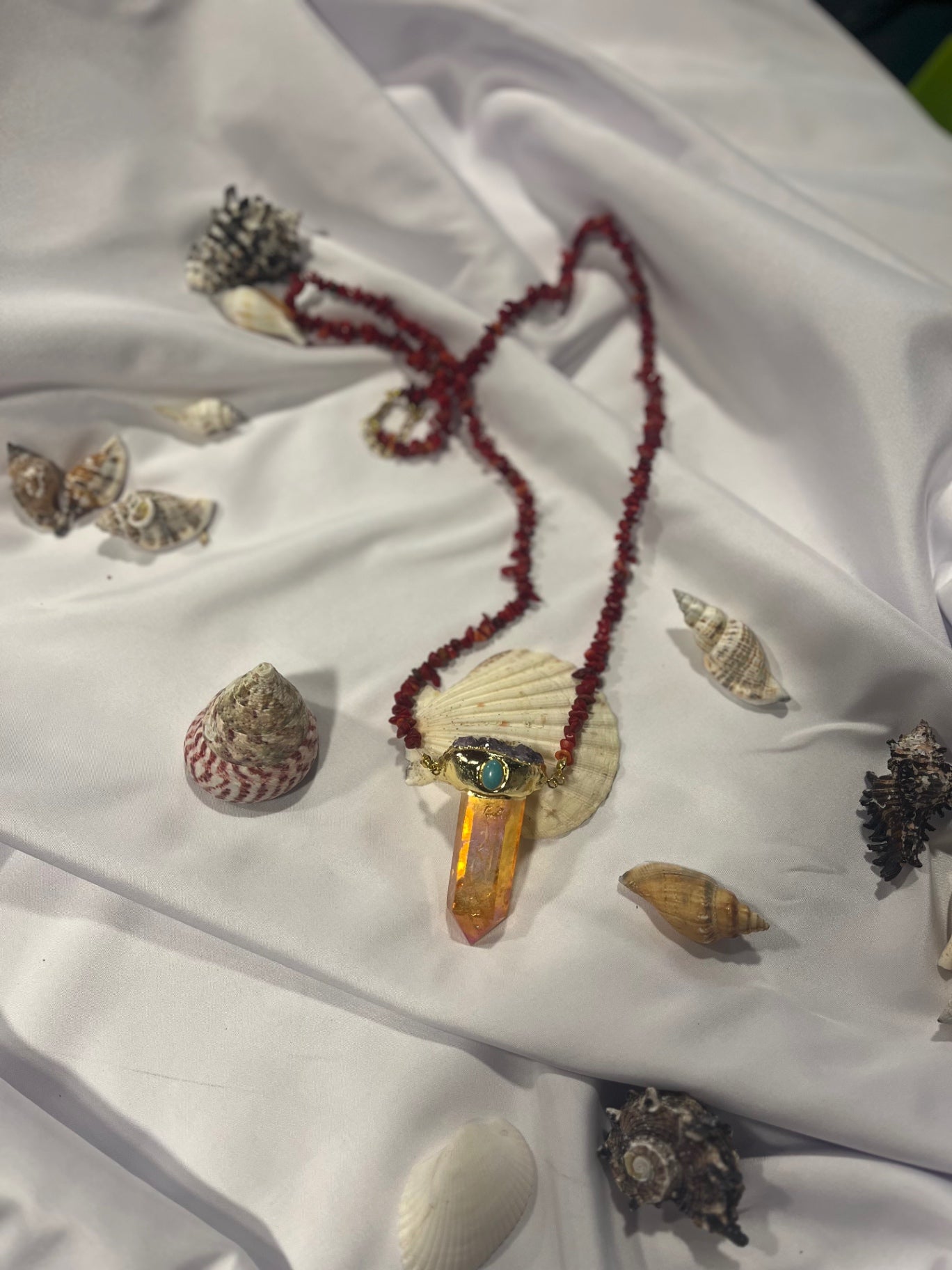 Solar Flame Amulet – Bali Edition | Aura Quartz, Amethyst & Red Coral Necklace