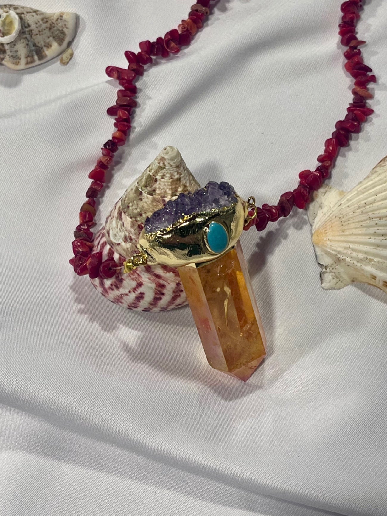 Solar Flame Amulet – Bali Edition | Aura Quartz, Amethyst & Red Coral Necklace