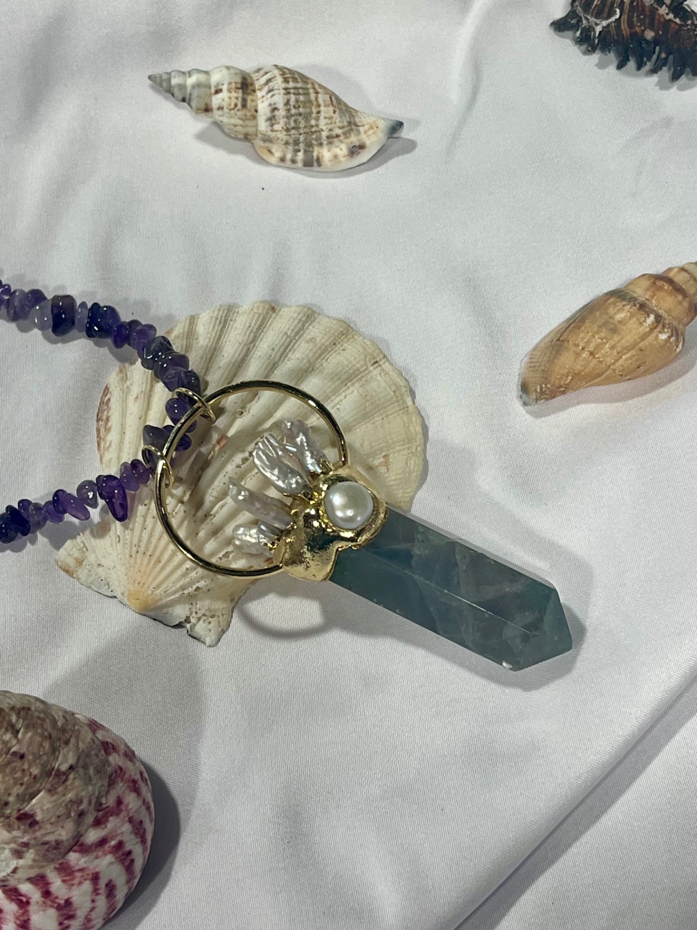 Ocean Priestess Necklace – Bali Edition | Fluorite, Pearl & Coral Talisman