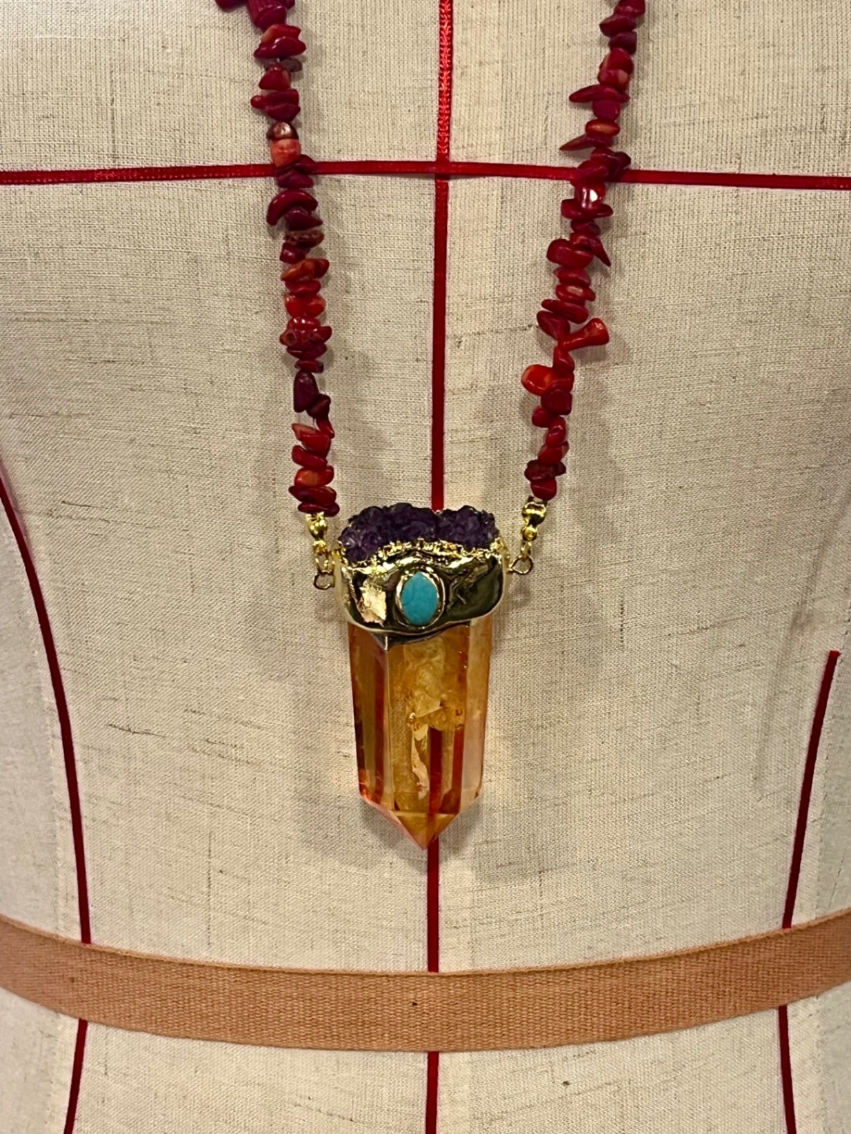 Solar Flame Amulet – Bali Edition | Aura Quartz, Amethyst & Red Coral Necklace