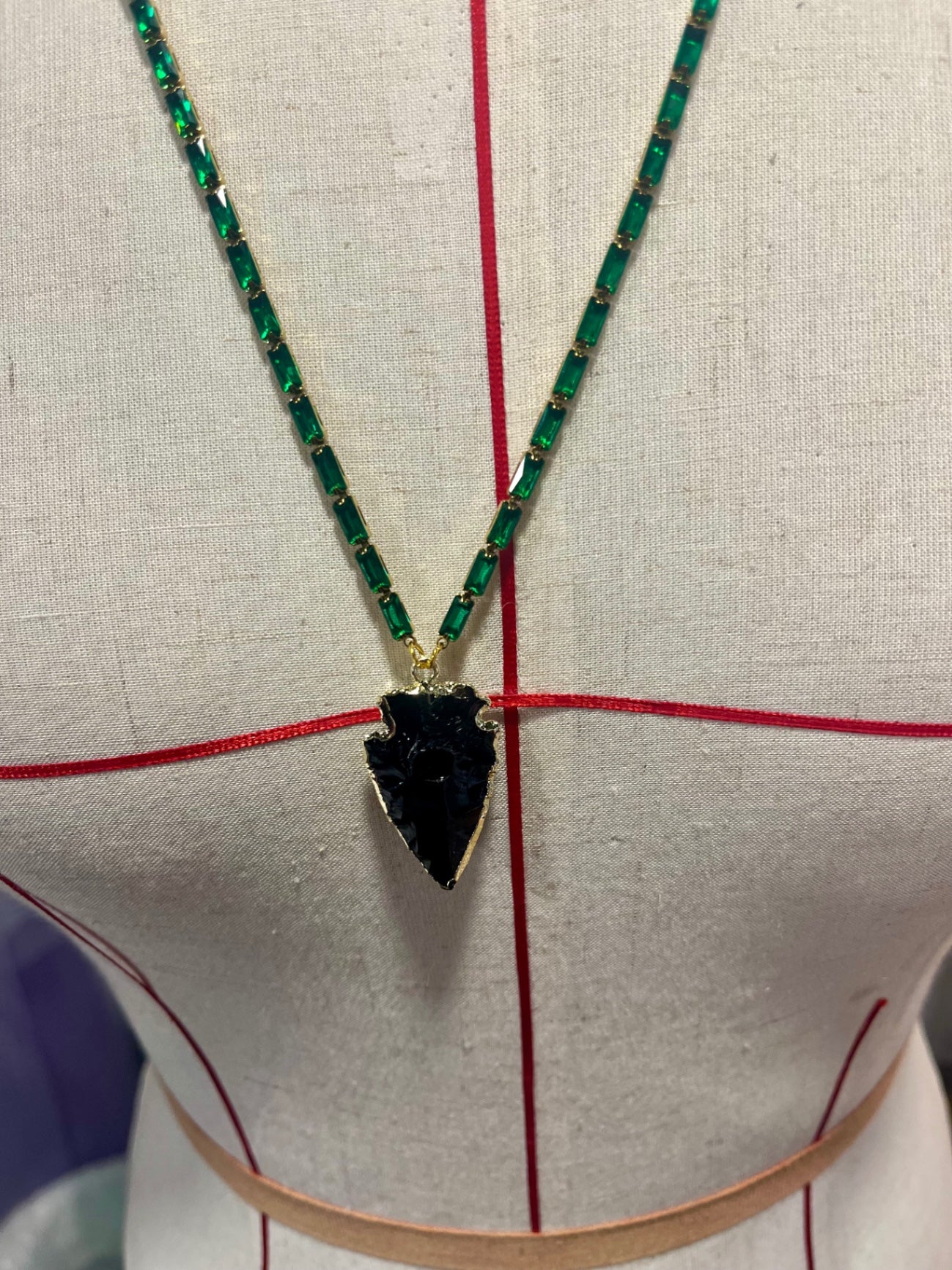 Obsidian Arrow Shield Pendant – Emerald Green Zirconia Necklace