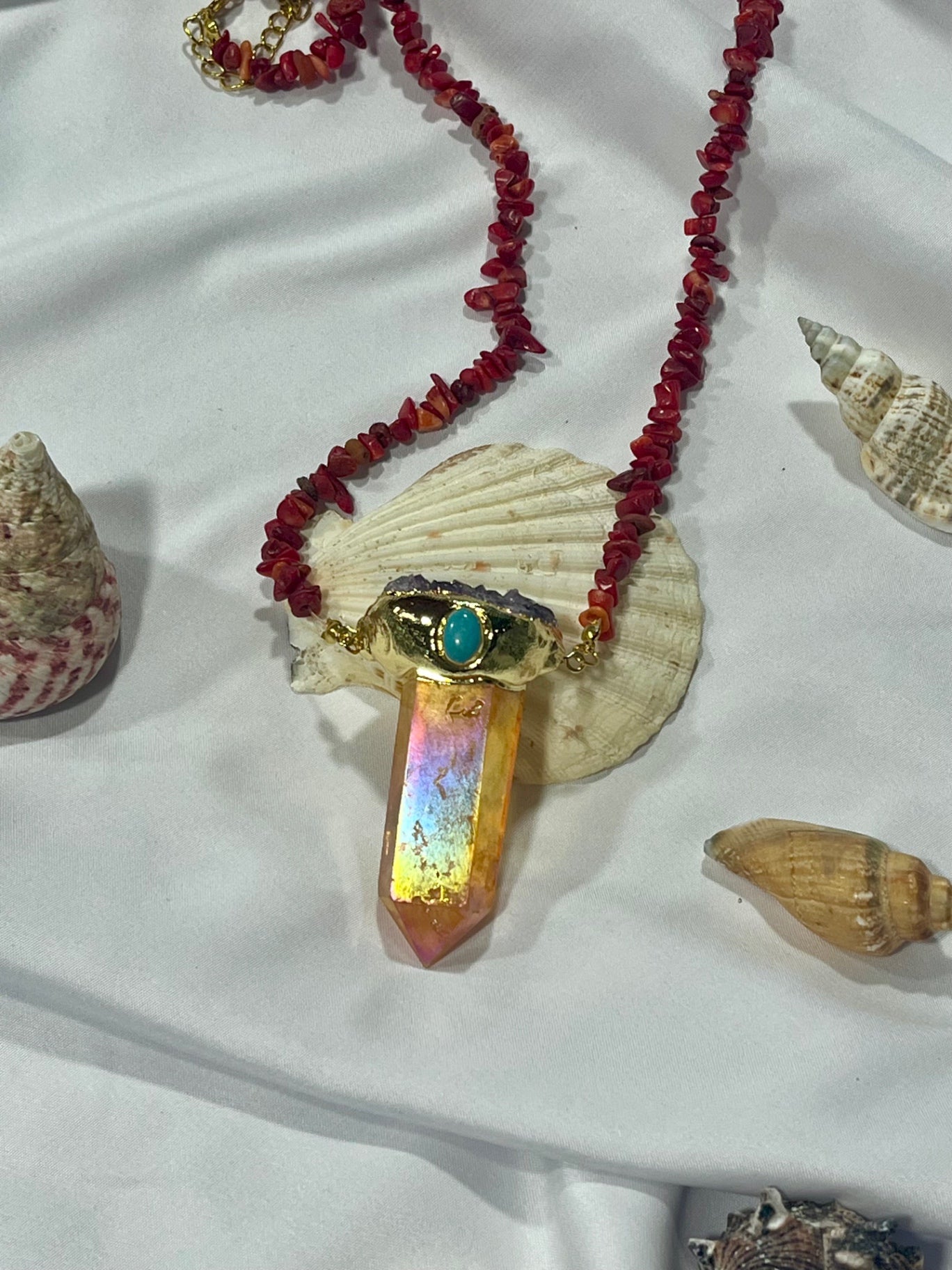 Solar Flame Amulet – Bali Edition | Aura Quartz, Amethyst & Red Coral Necklace