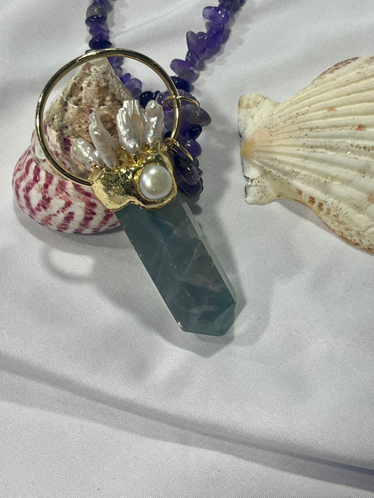 Ocean Priestess Necklace – Bali Edition | Fluorite, Pearl & Coral Talisman