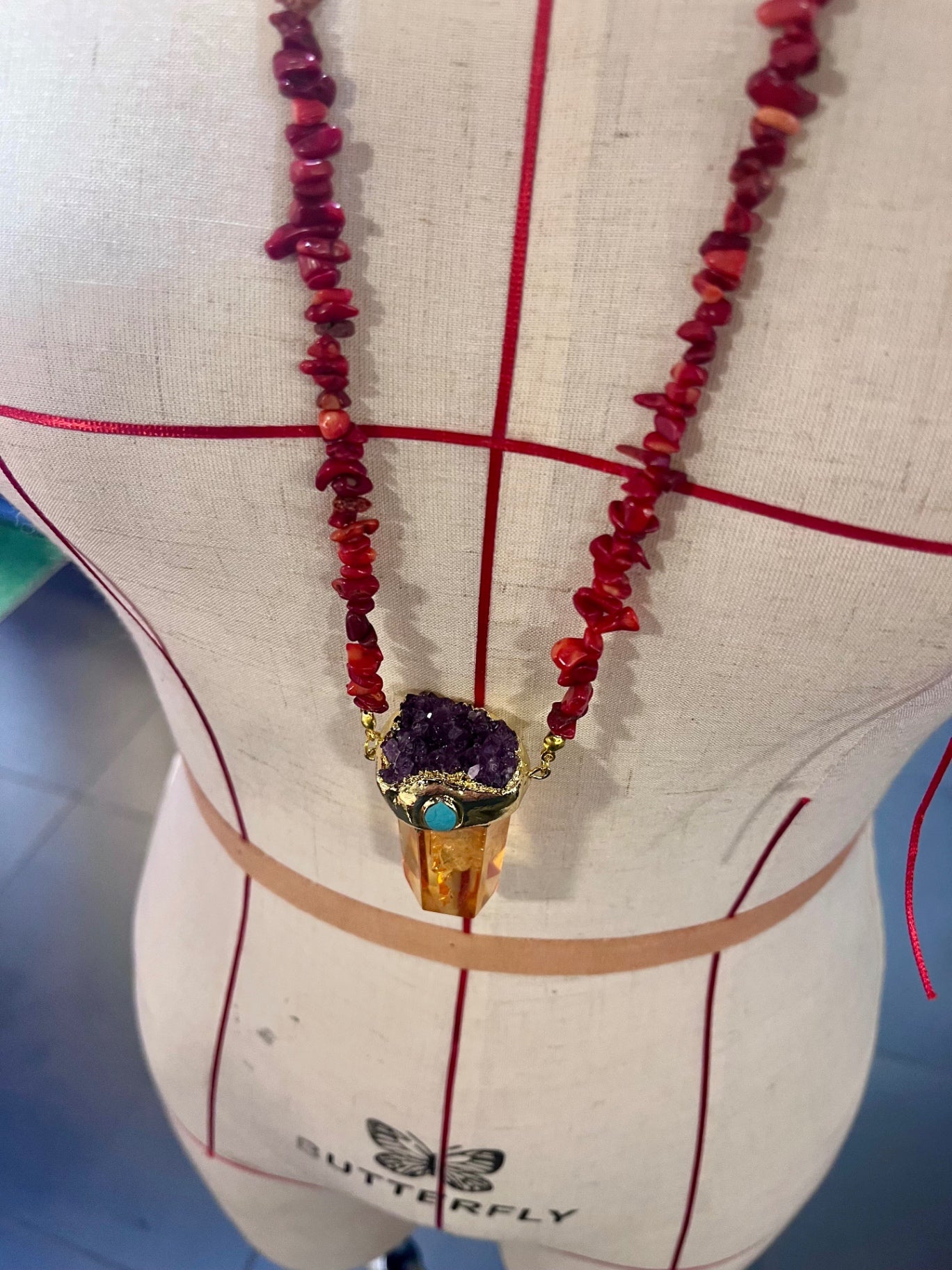 Solar Flame Amulet – Bali Edition | Aura Quartz, Amethyst & Red Coral Necklace