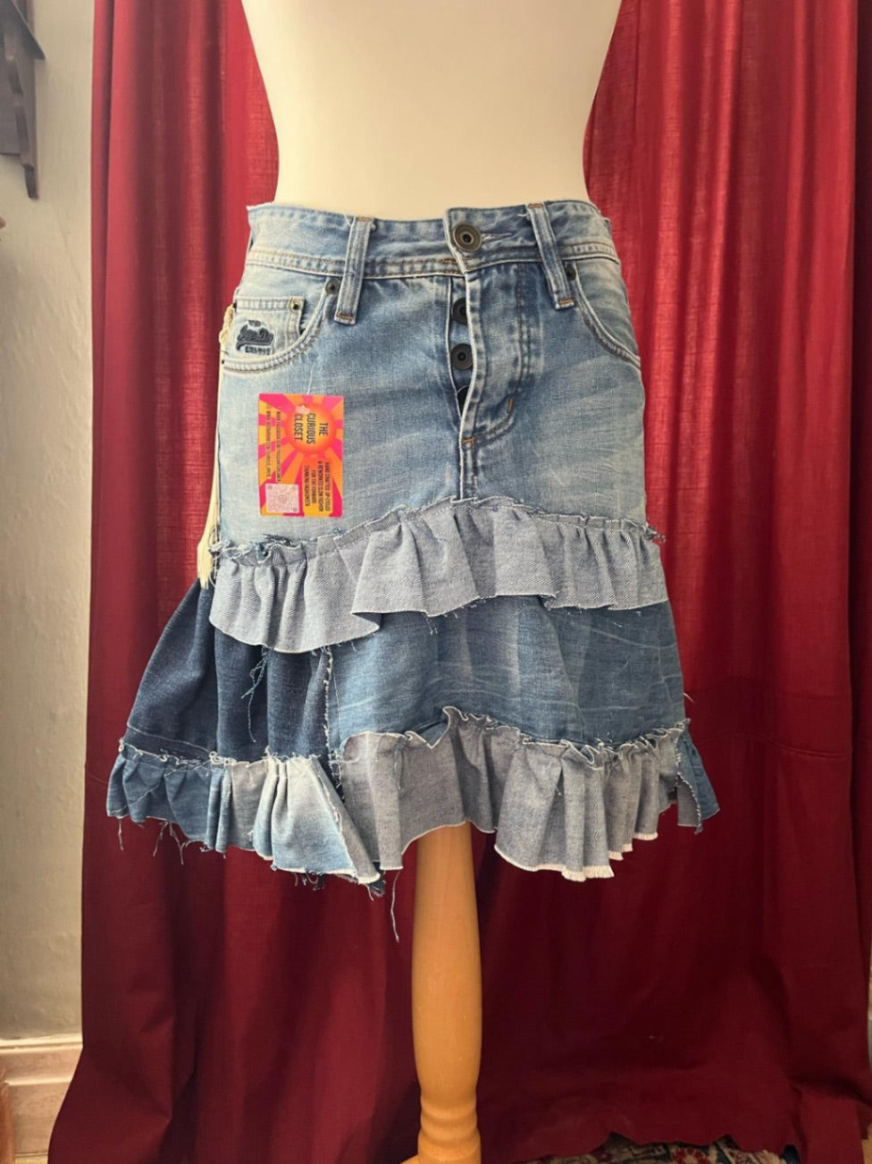 Mixed Denim Rara Drop Waist Skirt
