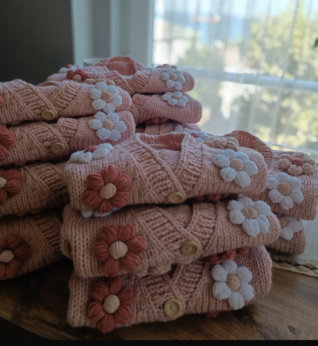 Handmade Pink Cardigan With White And Pink Daisies