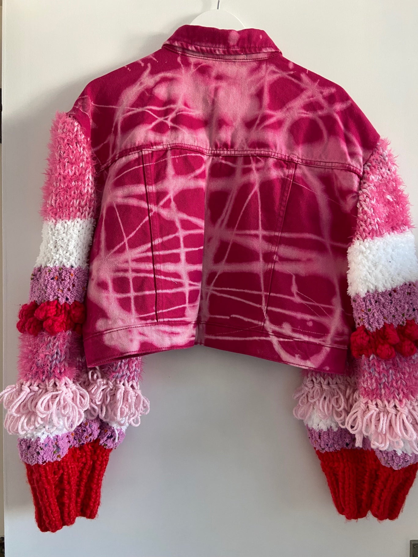 Pink Bleach Dye Jean Jacket With Knitted sleeves