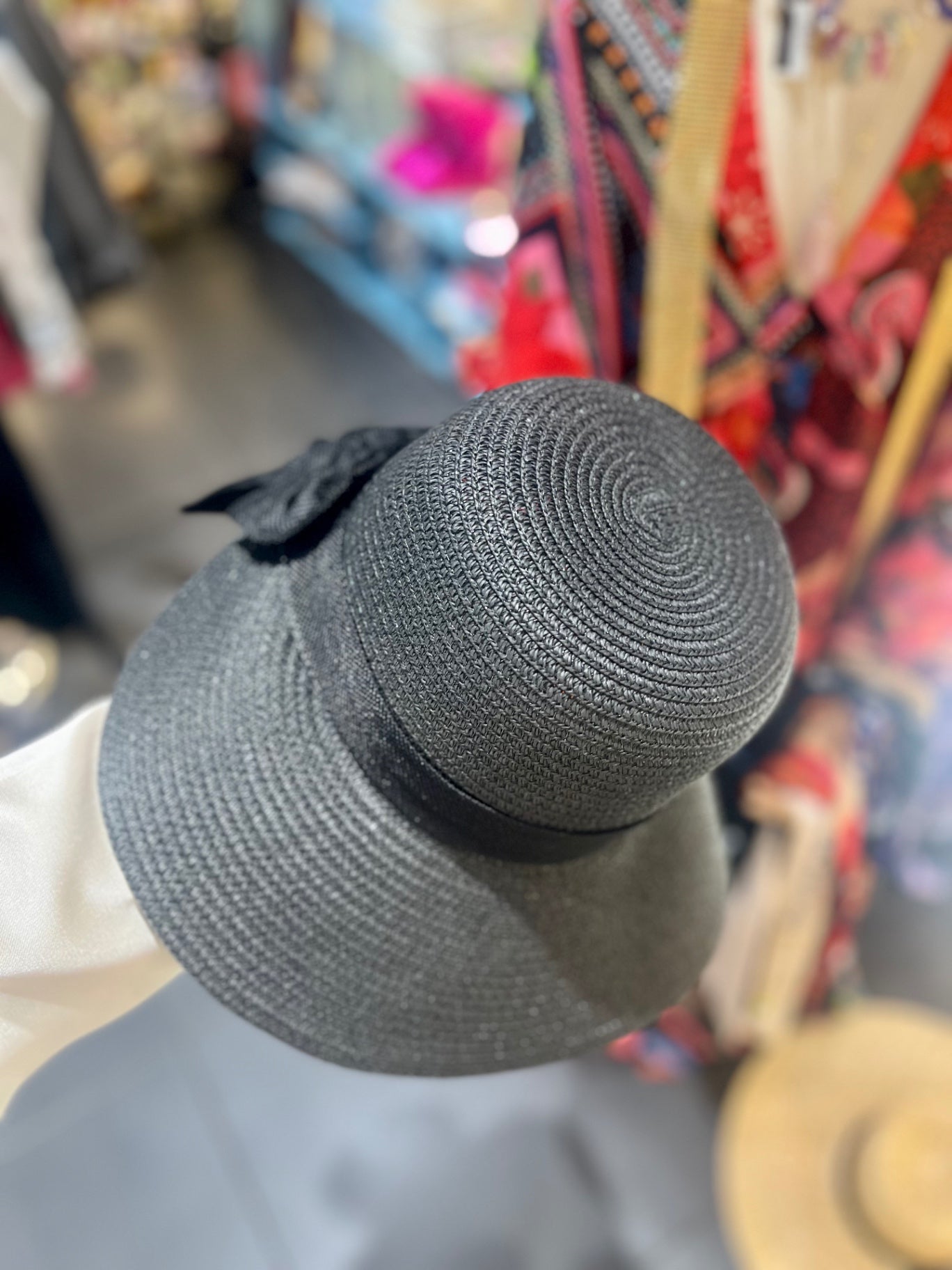 🖤 “Shadow Belle” Wide-Brim Hat Elegant Bow | Adjustable Fit | Lightweight Black Weave