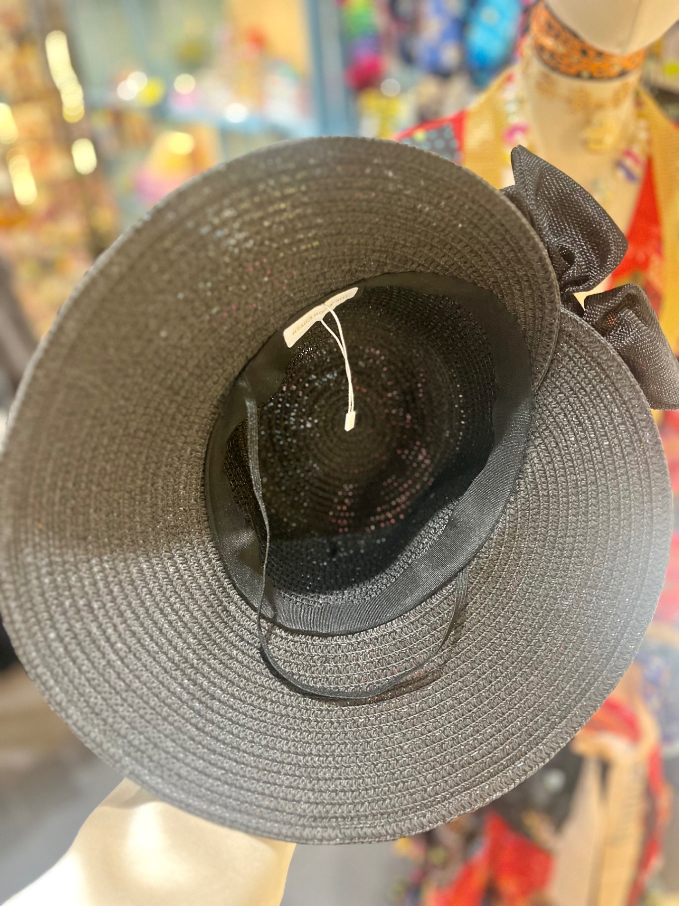 🖤 “Shadow Belle” Wide-Brim Hat Elegant Bow | Adjustable Fit | Lightweight Black Weave