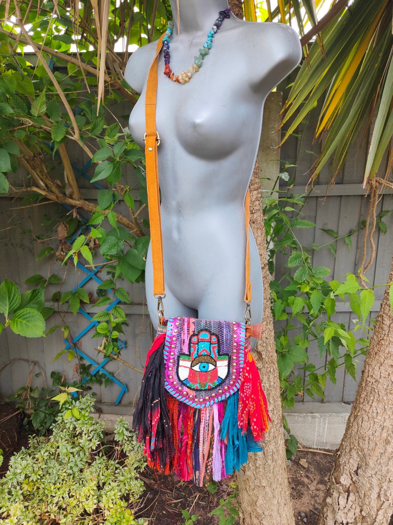 Frill sari mini cross body bag -hamsa hand detail