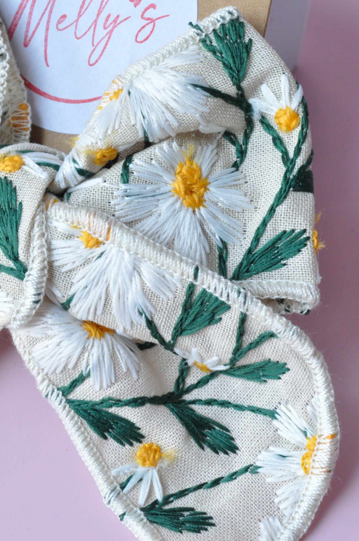 Embroidered Daisy Bow Hair Clip