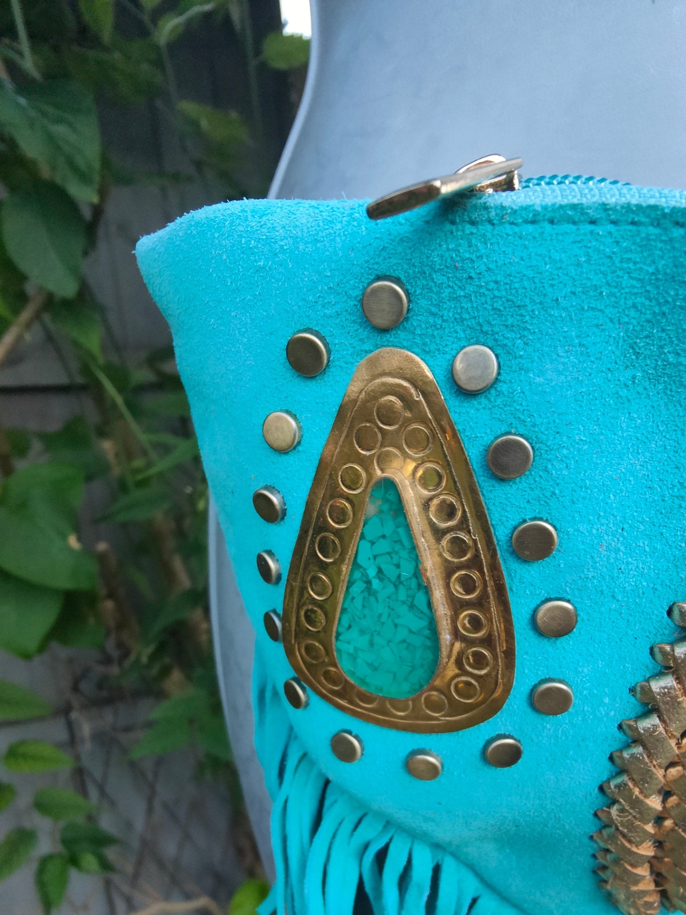Dolly- Turquoise suede fringe bum bag / cross body