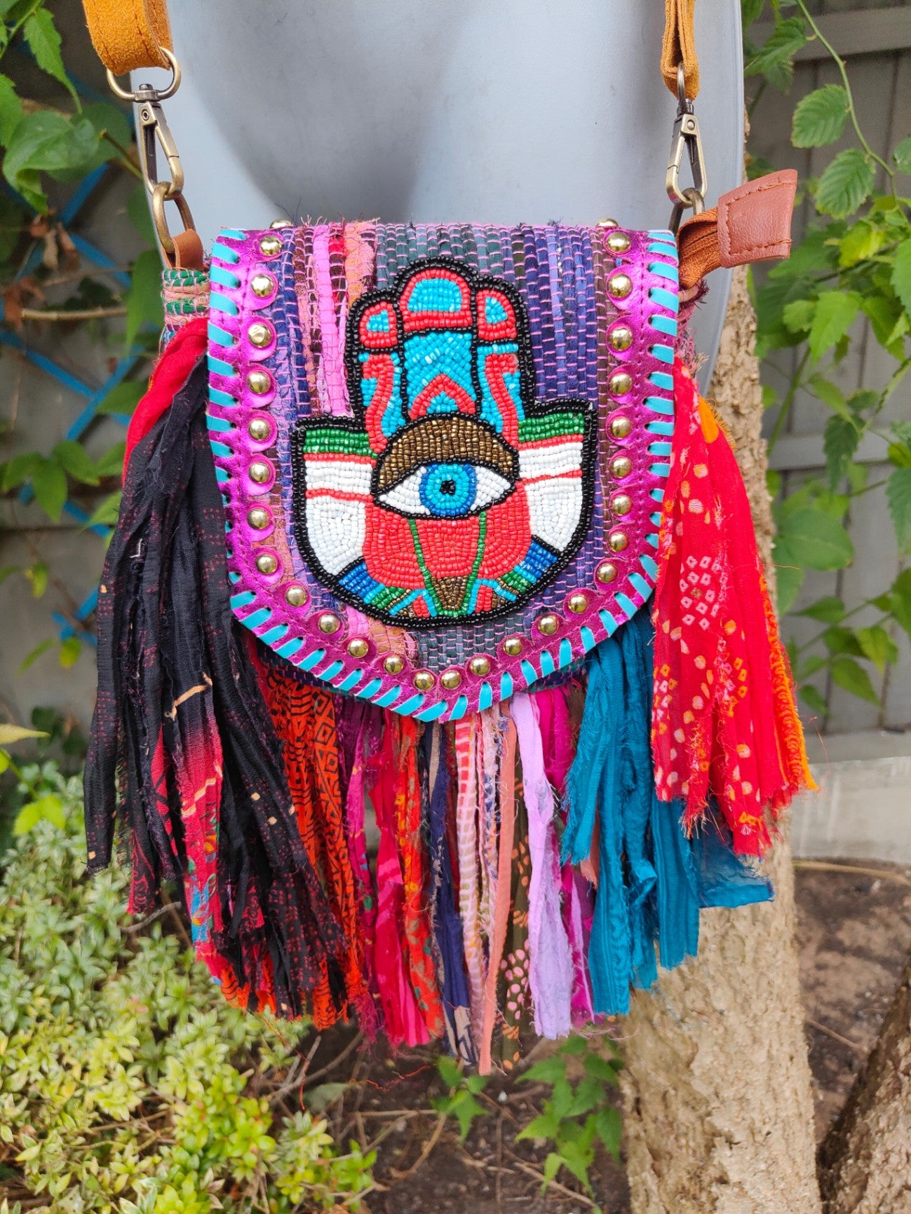 Frill sari mini cross body bag -hamsa hand detail